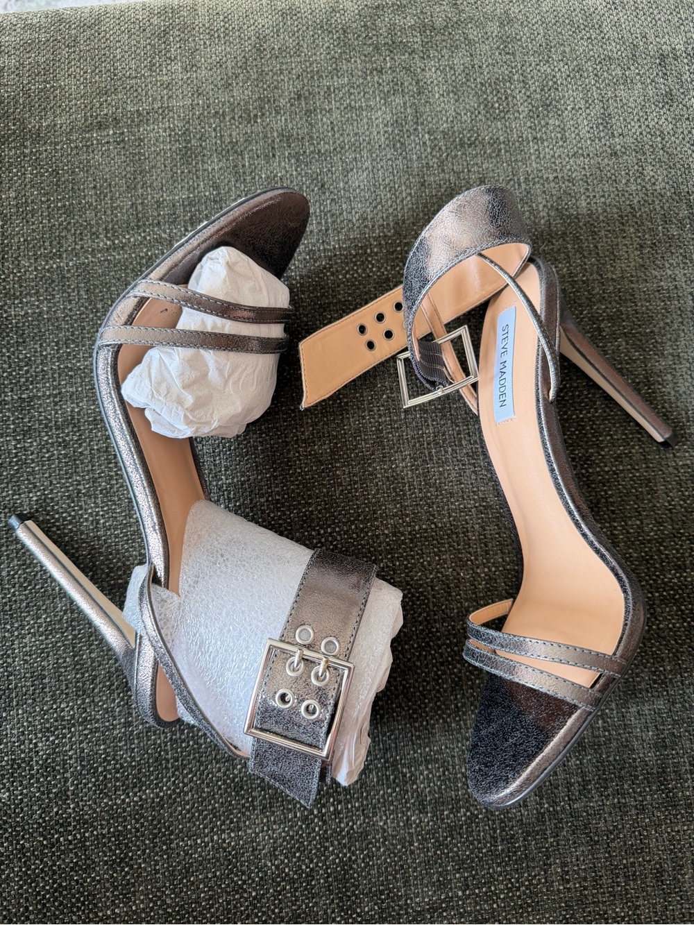 Steve Madden Metallic Pewter Strappy High Heel Sandals